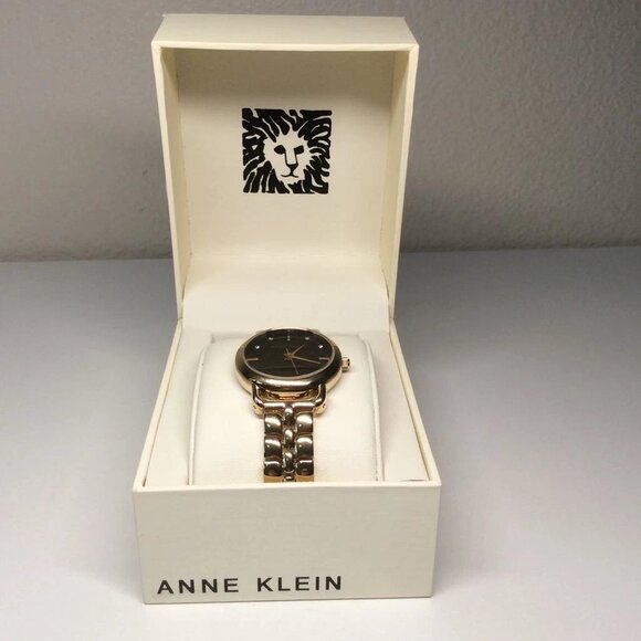 Anne Klein Signature Round Crystal Accented Dial Watch – Gold Tone – 30mm – New